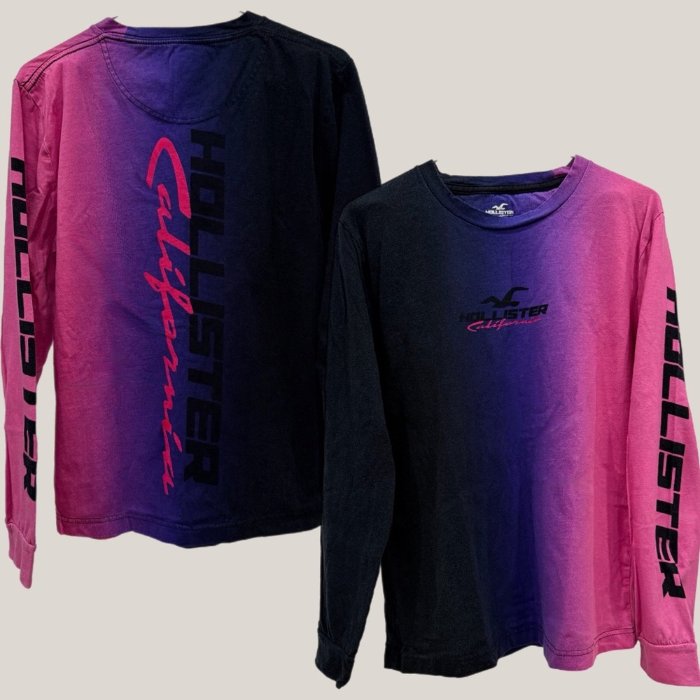 Hollister XS Ombre Long Sleeve | Pink + Purple Gradient Logo Tee